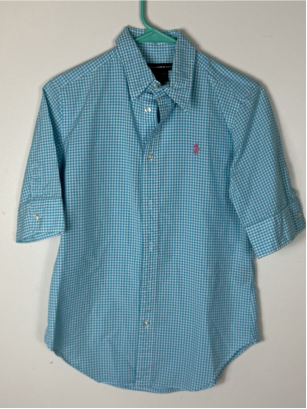 Ralph Lauren Sport Boys Sz 8 Gingham 3/4 Sleeve Super Slim Fit Shirt Buttons